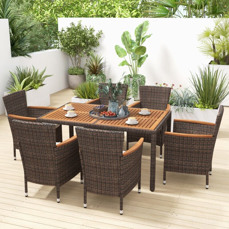Salon de Jardin Rotin 7 Pièces Plateau Acacia Chaises Empilables Coussins Amovibles Charge 180KG CW18129