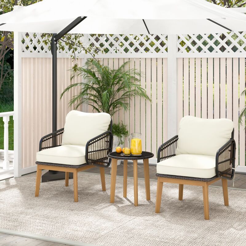 Salon de Jardin Rotin pe 2 Personnes Pieds Bois Acacia Coussins Table Verre Trempé 2 Chaises Blanc CW32228