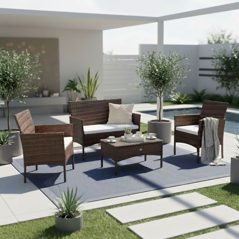 Salon de jardin résine tressée 4 places + table rectangle marron AVEZU Salon de jardin résine tressée 4 places + table rectangle marron AVEZU
