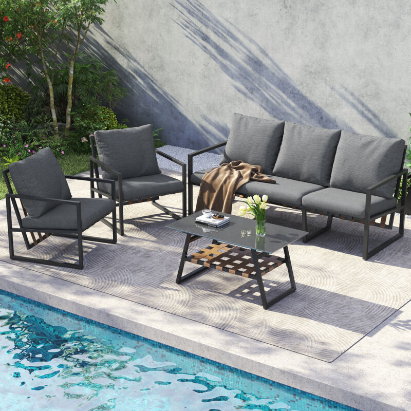 Salon de jardin, salon de jardin avec coussins, canapé, fauteuil et table basse, acier galvanisé, plateau en verre, gris
