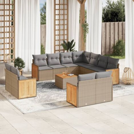 [Salon de Jardin] + [Salon de Jardin Modulable] + [Canapé d'Extérieur en Polyrotin Beige avec 12 Coussins Gris et Table en Acacia, avec Espace de Rangement et Housse Imperméable Recommandée]