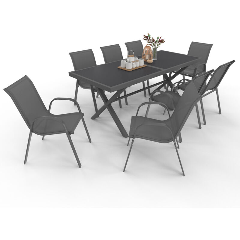 Salon de jardin santorin table 190 cm pieds en croix plateau effet béton et 8 chaises empilables gris anthracite