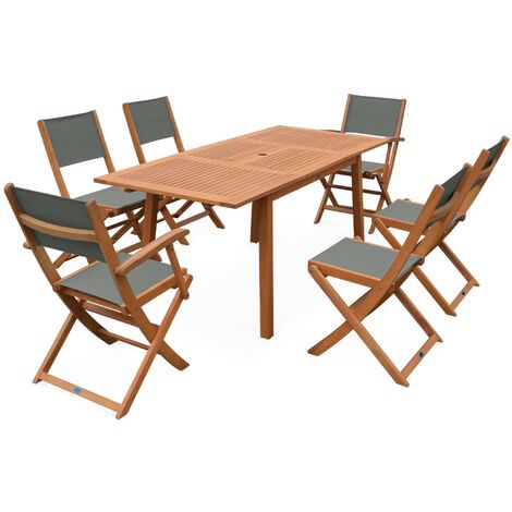 Salon de jardin savane extensible - Almeria - Table 120/180cm avec rallonge. 2 fauteuils et 4 chaises. en bois d'Eucalyptus huilé et textilène kaki