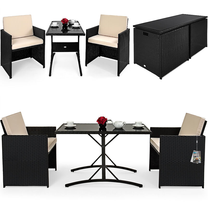 Ensemble table et chaises en polyrotin 7 pièces Set patio Coussins 7cm Extérieur