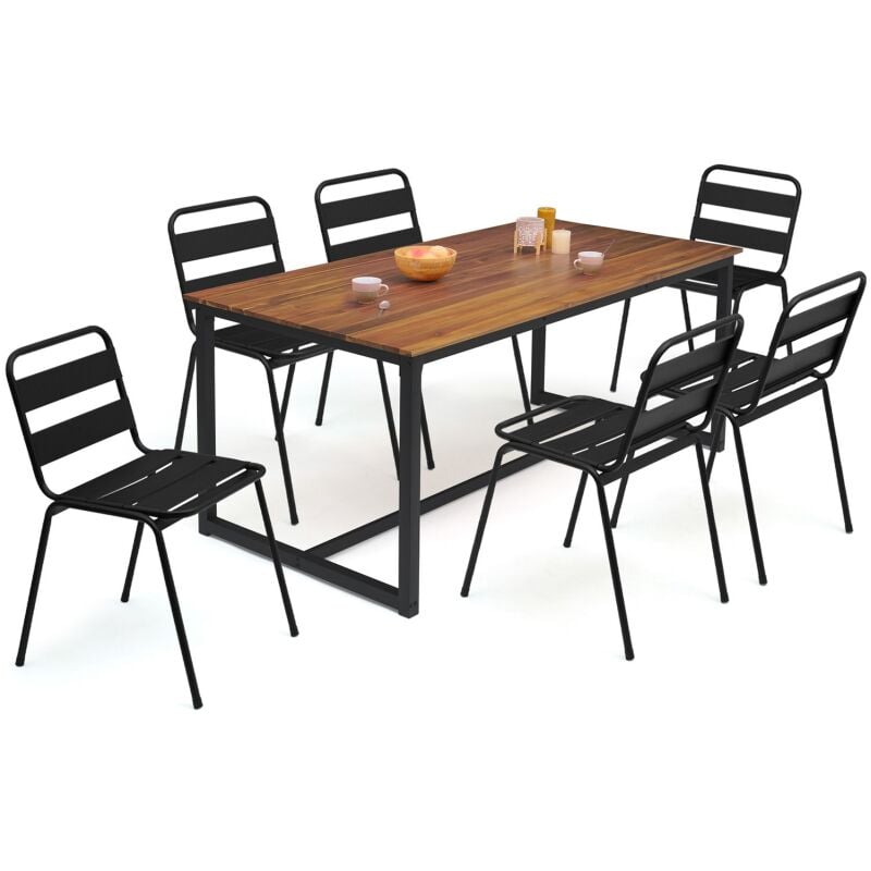 Idmarket - Salon de jardin soho table 150 cm acier + acacia et 6 chaises empilables noires - Noir