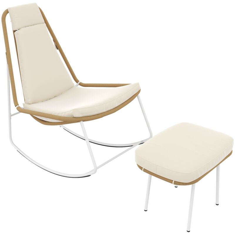 Fauteuil avec repose pied pour jardin en acier galvanisé et corde tressée, pour la terrasse, beige