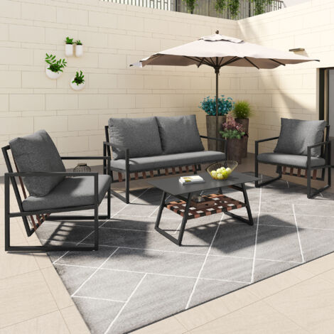 Salon de jardin - Structure Acier - 1 Table basse avec plateau de rangement - 4 personnes - Noir