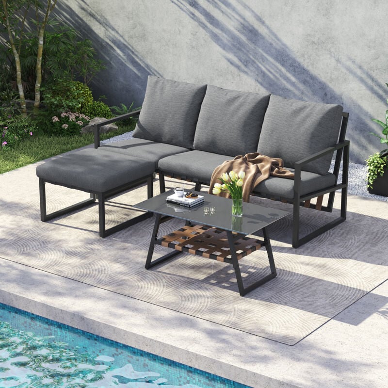 Salon de jardin - Structure Acier - 1 Table basse en verre - 4 personnes - Gris