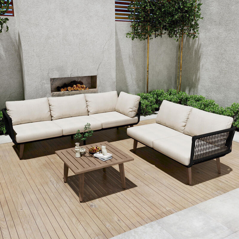 Salon de jardin - Structure Acier - 1 Table basse laquée grain de bois - 5 personnes - Beige+Noir