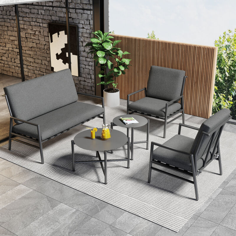 Salon de jardin - Structure Acier - 2 Table Bass - 4 personnes - Gris