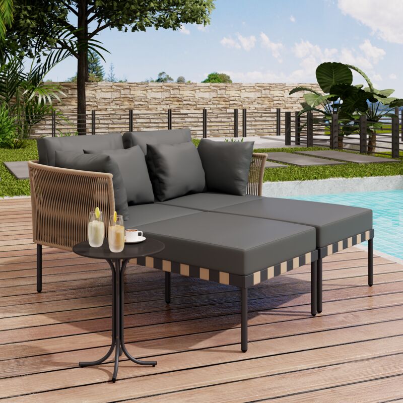 Salon de jardin - Structure Métal - 1 Table Bass - 2 personnes - Noir+Gris