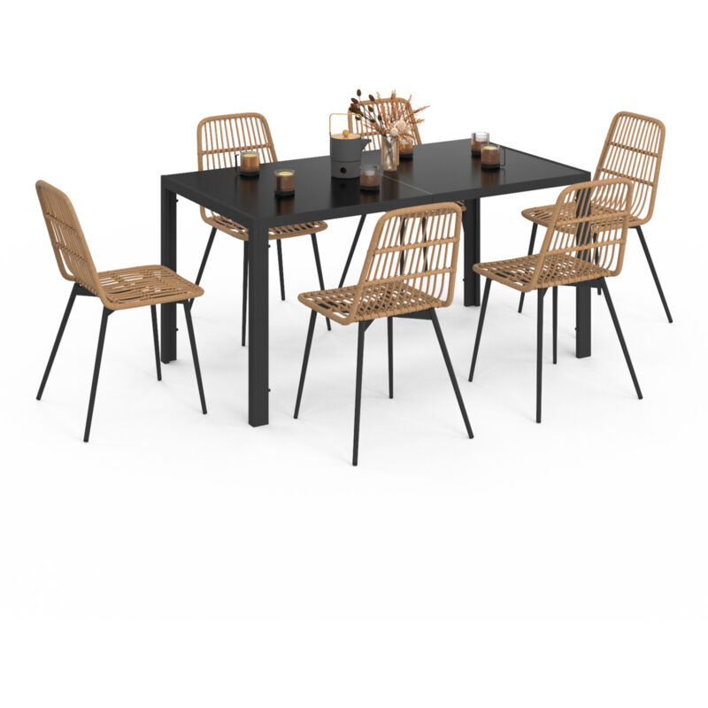 Salon de jardin summer table 150 cm plateau verre trempé et 6 chaises rotin