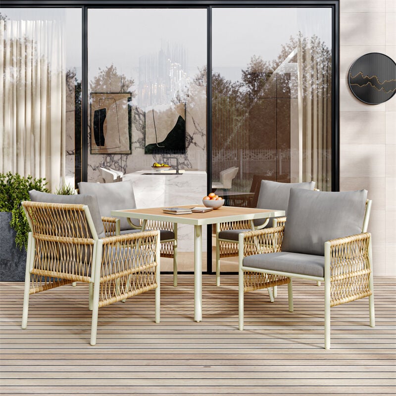 Salon de jardin, table à manger avec 4 fauteuils, structure en fer galvanisé, ieds réglables, avec coussin, rotin PE, beige