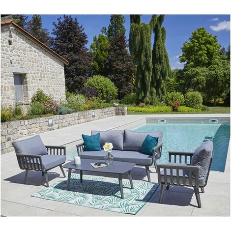 Salon de jardin, table basse + 2 fauteuils + canapé 2 places - gris anthracite - Ozalide - 8774 - gris