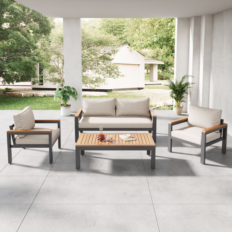 Hauss Spole - Salon de jardin table et chaises ensemble de loisirs, (4 pièces table à manger, 1 canapé 2 places, 2 chaises simples, 1 table), beige