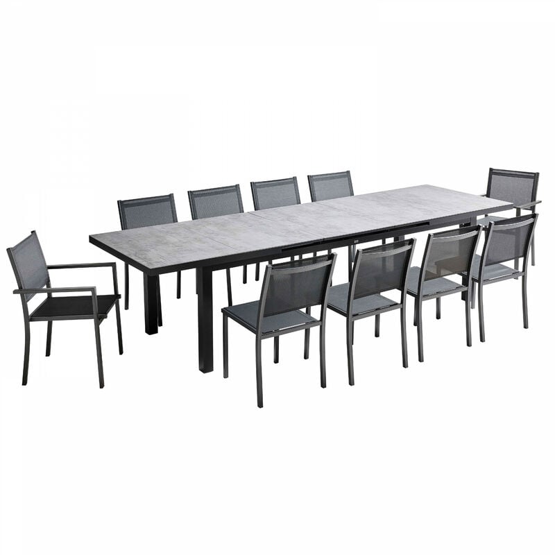 Ensemble table de jardin avec 8 chaises et 2 fauteuils béton