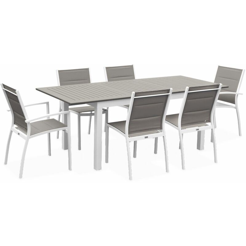 Salon de jardin table extensible - Chicago 210 - Table en aluminium 150/210cm avec rallonge et 6 assises en textilène Blanc / Taupe