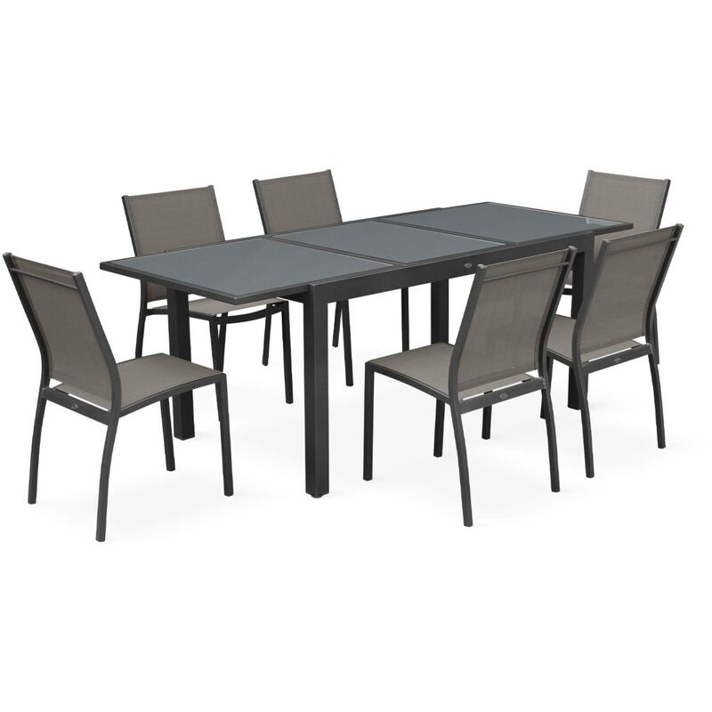 Sweeek - Salon de jardin table extensible - Orlando - Table en aluminium 150/210cm et 6 chaises en textilène Gris / Gris taupe - Gris