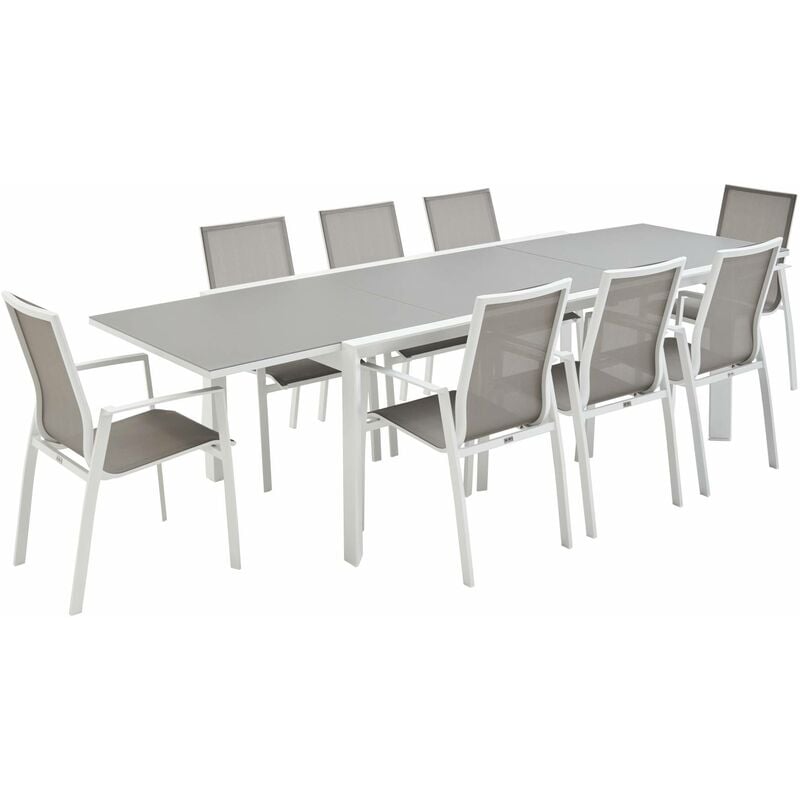Salon de jardin table extensible - Washington - Table en aluminium 200/300cm. 8 fauteuils en textilène Blanc / Taupe