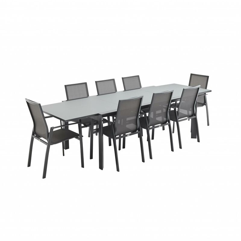 Salon de jardin table extensible - Washington - Table en aluminium 200/300cm. 8 fauteuils en textilène Gris foncé / Gris