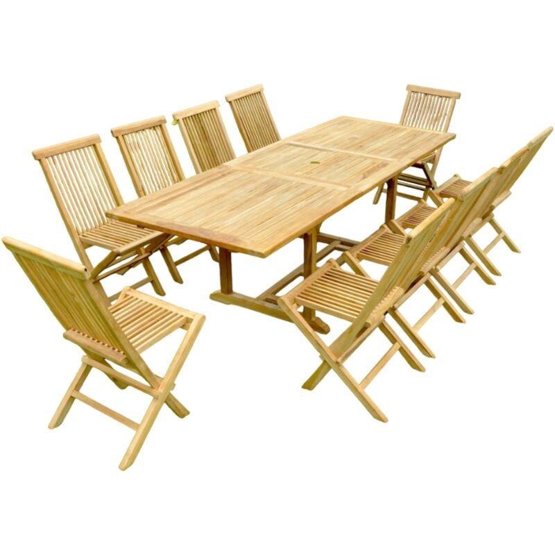 Kajang - salon de jardin extensible avec table rectangulaire 12 places en teck