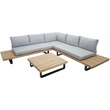 Salon de jardin terrasse balcon luxe ensemble canapé table en bois FSC certifié coussin gris clair - gris