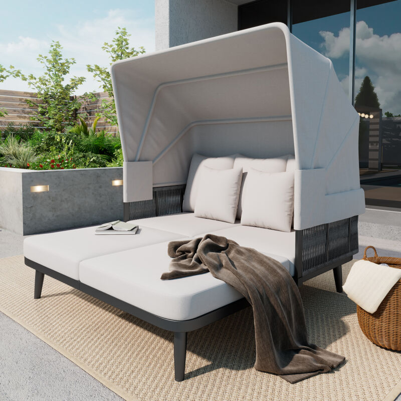 Salon de jardin, transat 151 x 146 x 145 cm avec store rétractable et tapissé, acier galvanisé, gris