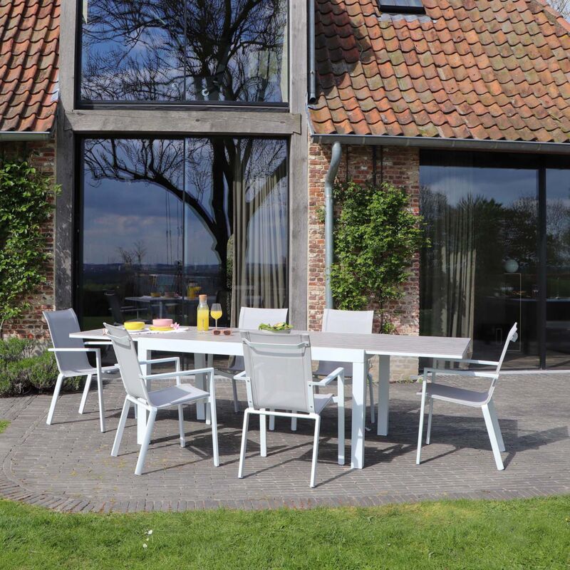 Wilsa Garden - Salon de jardin en aluminium décor bois Tulum Table et 6 fauteuils - Blanc