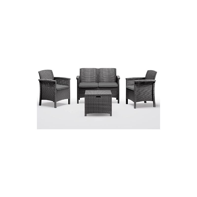 Salon de jardin Venezia anthracite en polypropyle'ne effet rotin avec table, deux fauteuils et un canape' avec coussins d'exte'rieur