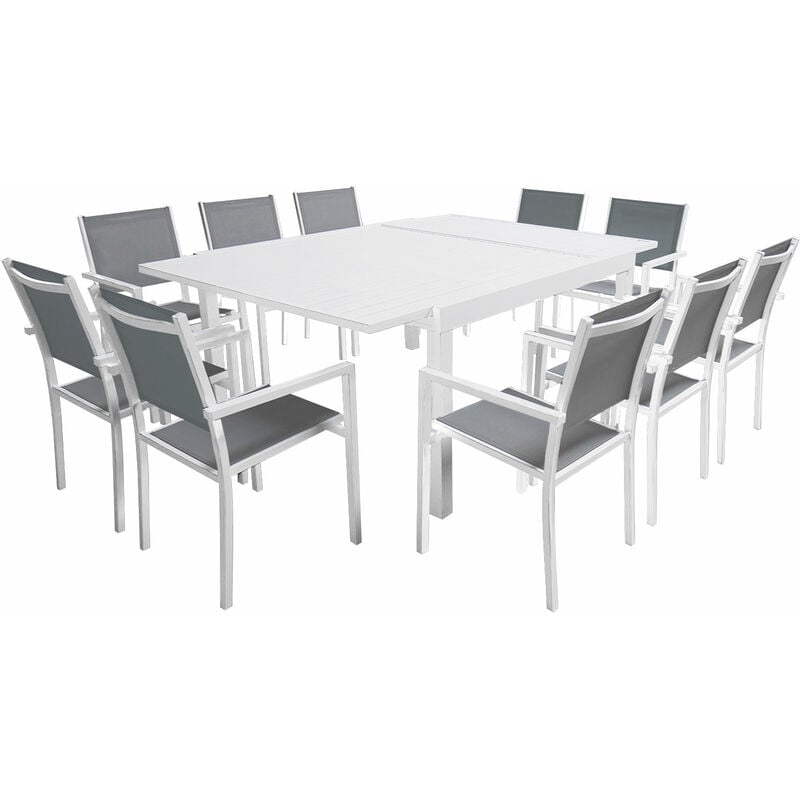 Happy Garden - Salon de jardin extensible 10 places de 140/200cm en textilène gris - aluminium blanc venezia