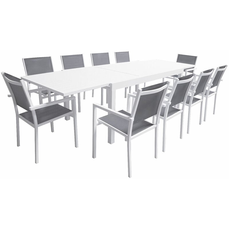 Salon de jardin extensible 10 places de 180/300cm en textilène gris - aluminium blanc venezia - Happy Garden