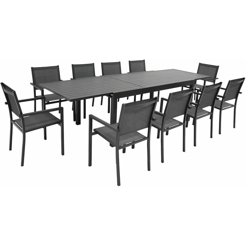 Salon de jardin extensible 10 places de 180/300cm en textilène gris - aluminium anthracite venezia - Happy Garden