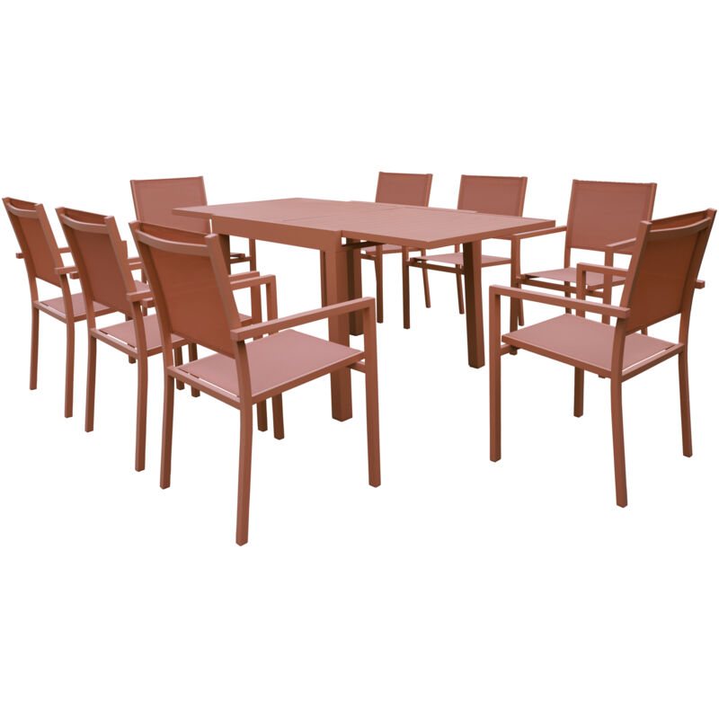 HAPPY GARDEN - Salon de jardin VENEZIA extensible 90/180 en textilène terracotta 8 places - aluminium terracotta