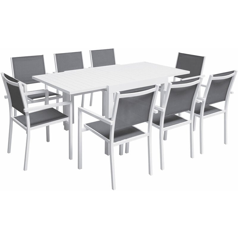 Happy Garden - Salon de jardin venezia extensible 90/180 en textilène gris 8 places - aluminium blanc