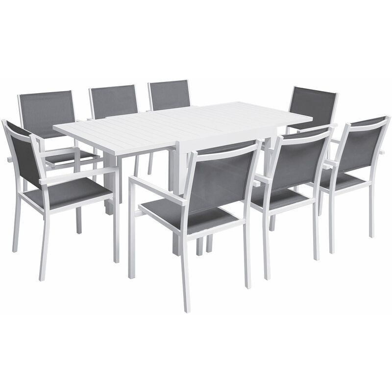 Salon de jardin VENEZIA extensible 90/180 en textilène gris 8 places - aluminium blanc - Blanc