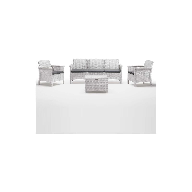Salon de jardin Venezia iii canape' trois places fauteuils et table basse en polypropyle'ne effet rotin blanc avec coussins