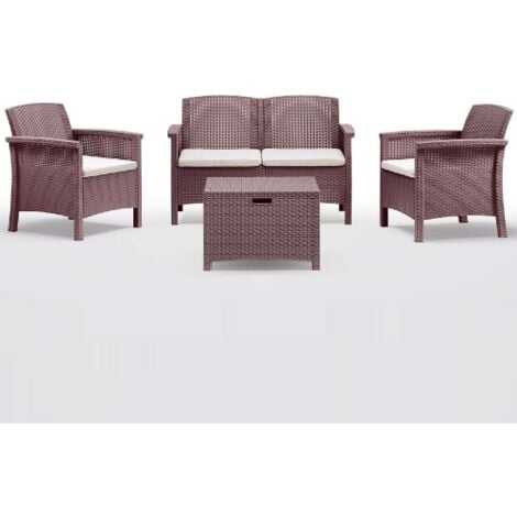 COMPRALO Salon de jardin Venice avec deux fauteuils canape' et table d'exte'rieur en polypropyle'ne effet rotin marron