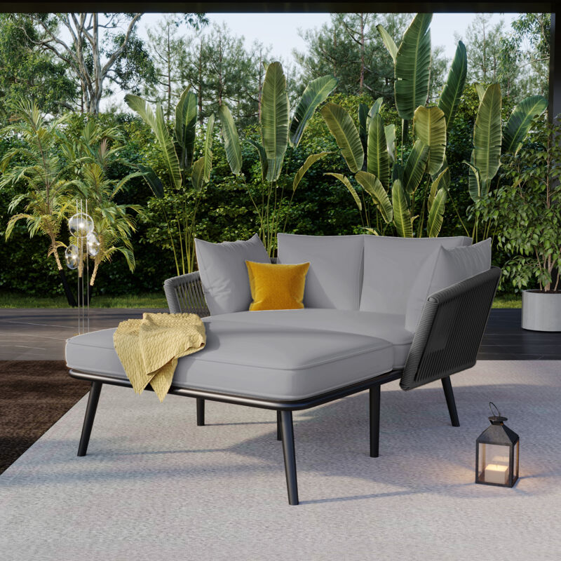 Salon de jardin,Bain de soleil Extérieur avec 2 Coussins et 2 Coussins,Ensemble de meubles de balcon,Coussins Amovibles et Lavables,Gris