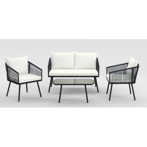 Salon de Patio 4 Pièces, Ensemble Bistrot de Conversation Tissé en Corde PE avec Coussins et Table Basse en Verre Trempé, pour Jardin, Bord de Piscine