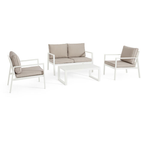 Salon en aluminium et textilène avec table basse et polyester filé blanc
