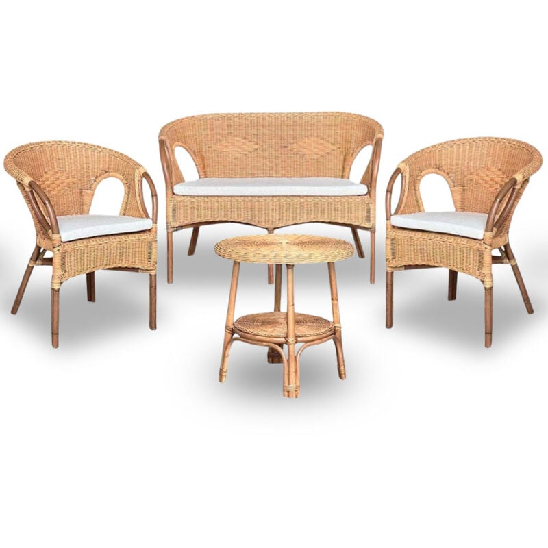 Salon Mandoline en osier naturel avec 1 canapé, 2 fauteuils, 1 petite table
