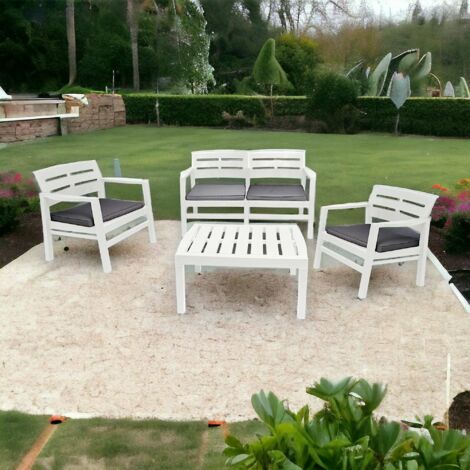 Salon extérieur avec 2 fauteuils 1 canapé 1 table basse avec coussins, Made in Italy, coloris blanc