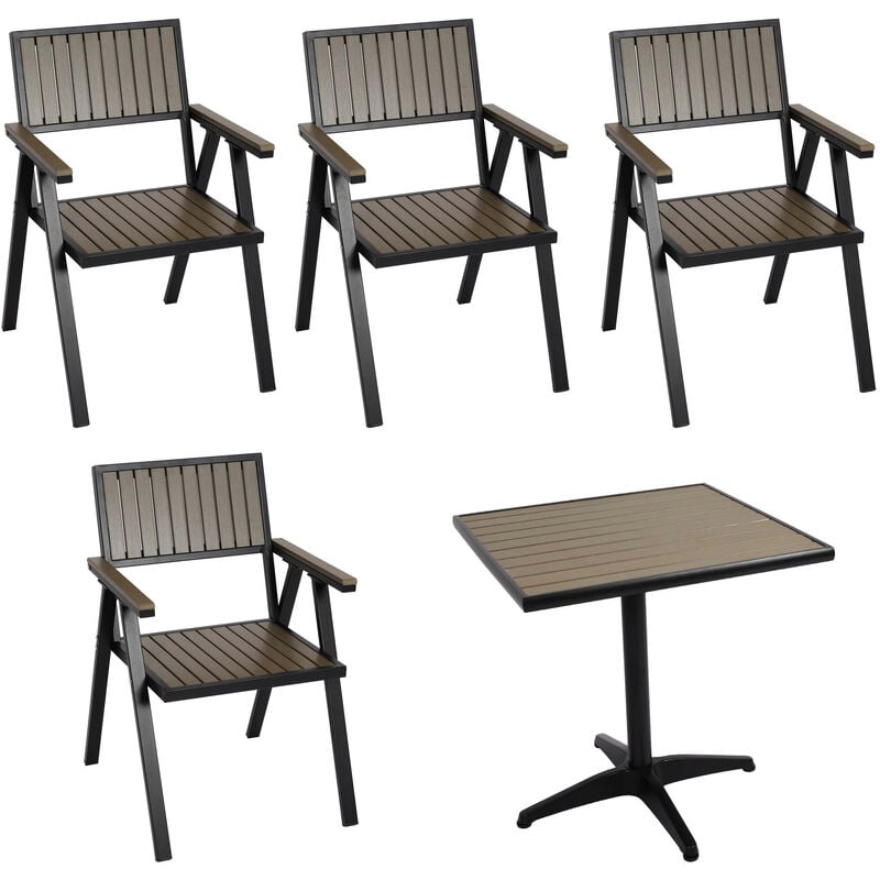 Set de 4 chaises de jardin + table de jardin HW C-J95 - chaise table - revêtement Gastro Outdoor - alu aspect bois - noir - gris