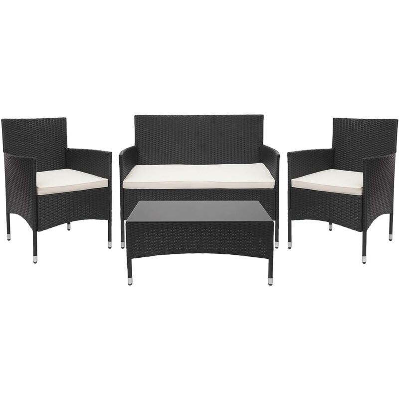 Garniture en polyrotin HWC-F55, ensemble fauteuils, banc et table, balcon/jardin noir, coussins cr