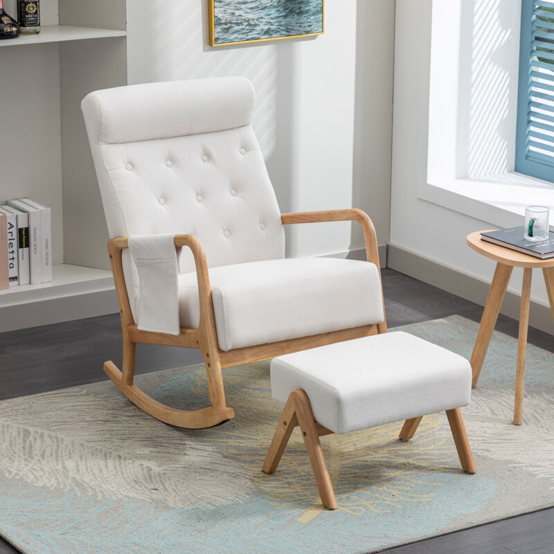 Redom - Fauteuil à bascule confortable pour salon avec pouf, Beige