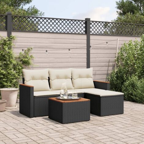 Salon Jardin 5 pièces Noir Résine Tressée avec Table Acacia et Coussins Lavables - Ensemble Canapé modulaire avec rangement