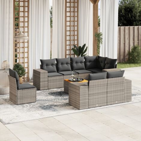 Salon Jardin 9 Pièces Gris - Ensemble Modulaire en Résine Tressée avec Coussins, Table Acacia - Résistant aux Intempéries