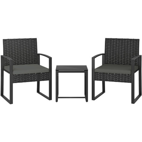 Salon jardin extérieur résine tressée 2 personnes table jardin 2 chaises plateau verre trempé noir
