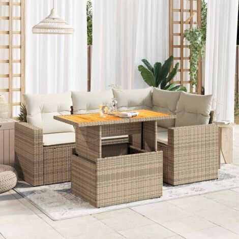 Salon Jardin Résine Tressée 5 Places avec Table 100cm et Coussins Crème, Rangement Intégré