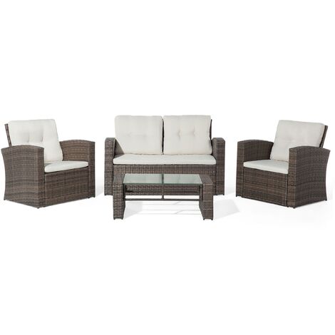 Salon jardin Table Basse Canapé et Fauteuils 4 places en Rotin Marron et Beige Luca - Marron